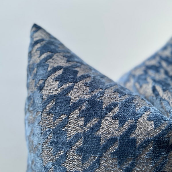 Housse de coussin bleu poussiéreux, oreiller en chenille motif pied-de-poule bleu et gris, taie d'oreiller Euro, housse de coussin bleu | Format personnalisé