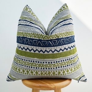 Boho Textured Cotton Pillow Cover, Blue Green Stripes, Euro Sham