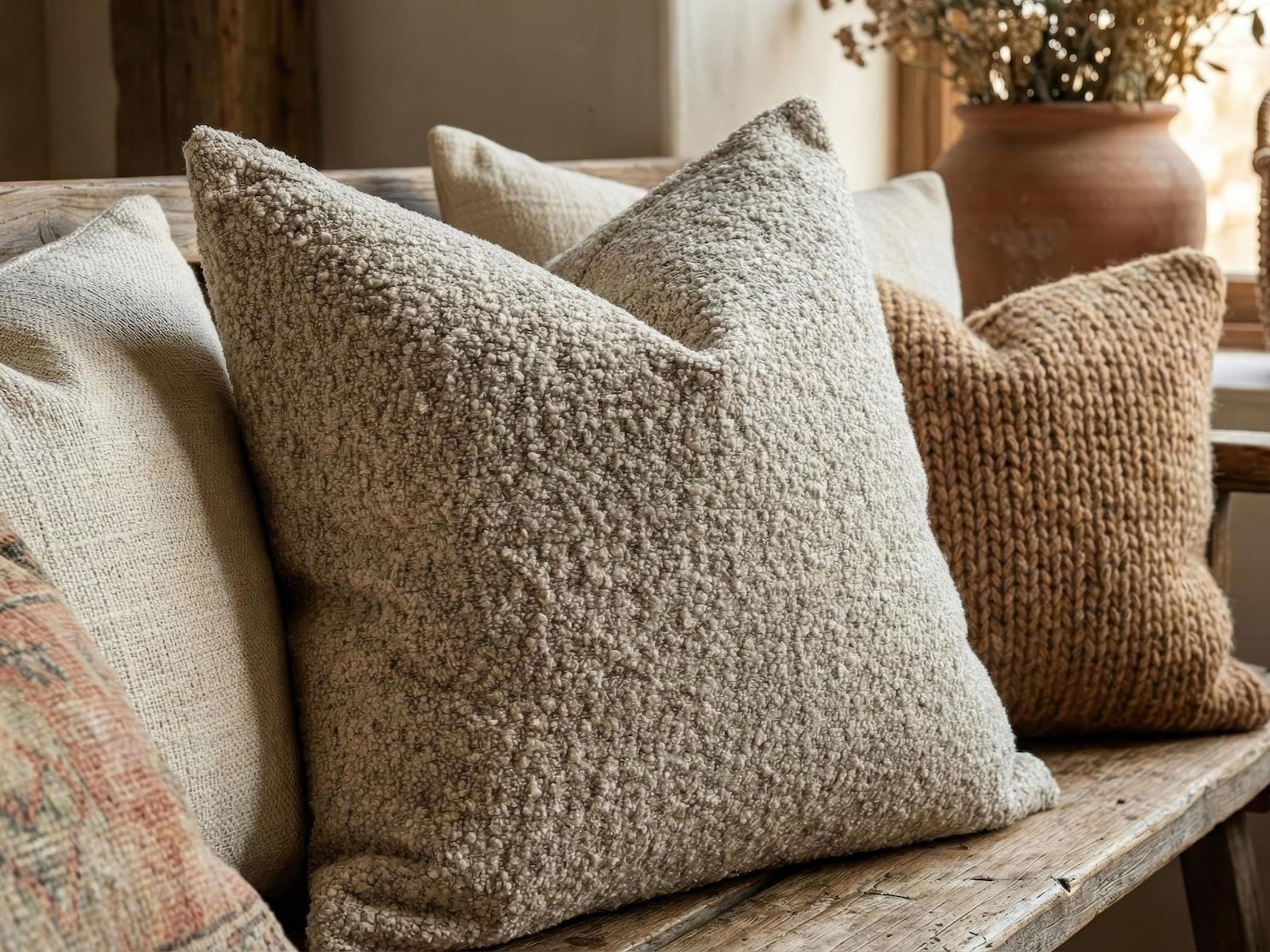 22x22 Cream Boucle Neutral Textured Throw Pillow, Modern Minimal Sofa Cushion, Scandinavian Home Decor Accent - 10-Cream(Main Photo), 22x22 inches