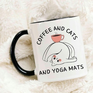 Tazza da caffè con gatto per yoga / Tazza in ceramica divertente da 11 once con manico nero / Regalo per mamma gatto / Tazza da yoga / Regalo per insegnante di yoga / Regalo per amanti del caffè