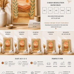 May include: A digital wall art print titled Boho Sunset featuring a watercolor illustration of a desert landscape viewed through an arched doorway with leafy vines. The print is available in five high-resolution ratio files up to 24x36 inches.