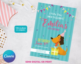 Dog party Invitation |Digital Party Invite | Modern Birthday Template Printable | Editable in Canva