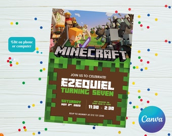 Mincraft party Invitation |Digital Party Invite | Modern Birthday Template Printable | Editable in Canva