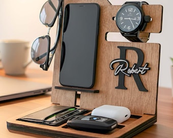 Personalized Wood Docking Station - Phone Charging Station, Nightstand Organizer
