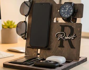 Personalized Docking Station, Desk Organizer, Charging Station, Phone Stand, Wood Docking Station, Men Docking Station, Nightstand Organizer