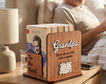 Personalized Grandpa Book Nook, Custom Wood Bookend with Family Puzzle, Gift for Papa Granddad, Father's Day Birthday Gift for Book Lovers