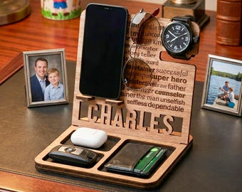 Personalized Wooden Desk Organizer, Custom Docking Station, Office Desk Accessories, Father's Day Gift, Gift For Dad From Daughter