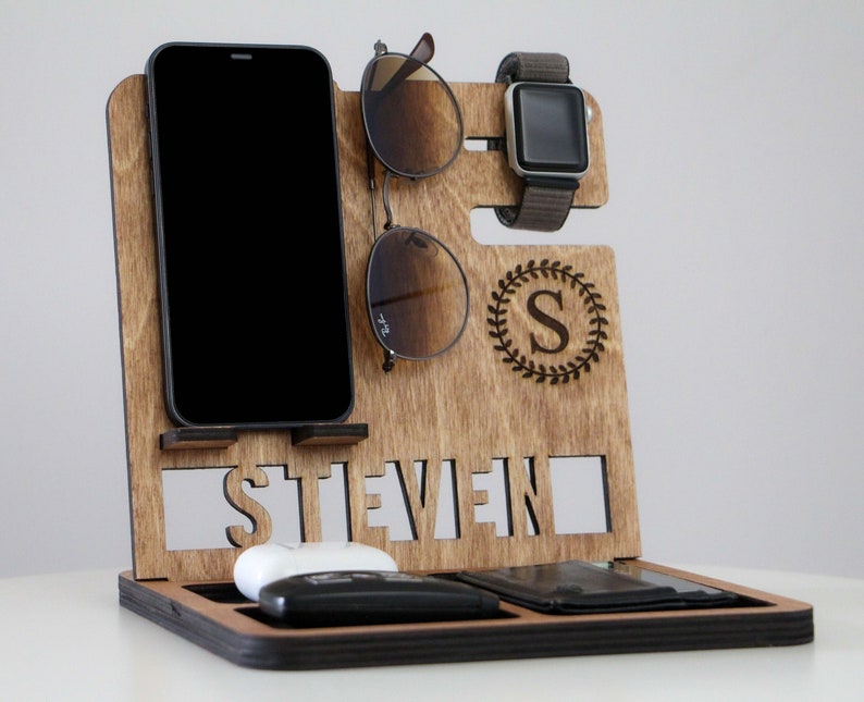 Personalized Docking Station Men, Gift For Him, Gift for Men, Wooden Docking Station, Gift for Boyfriend, Gift for Husband, Anniversary Gift image 1