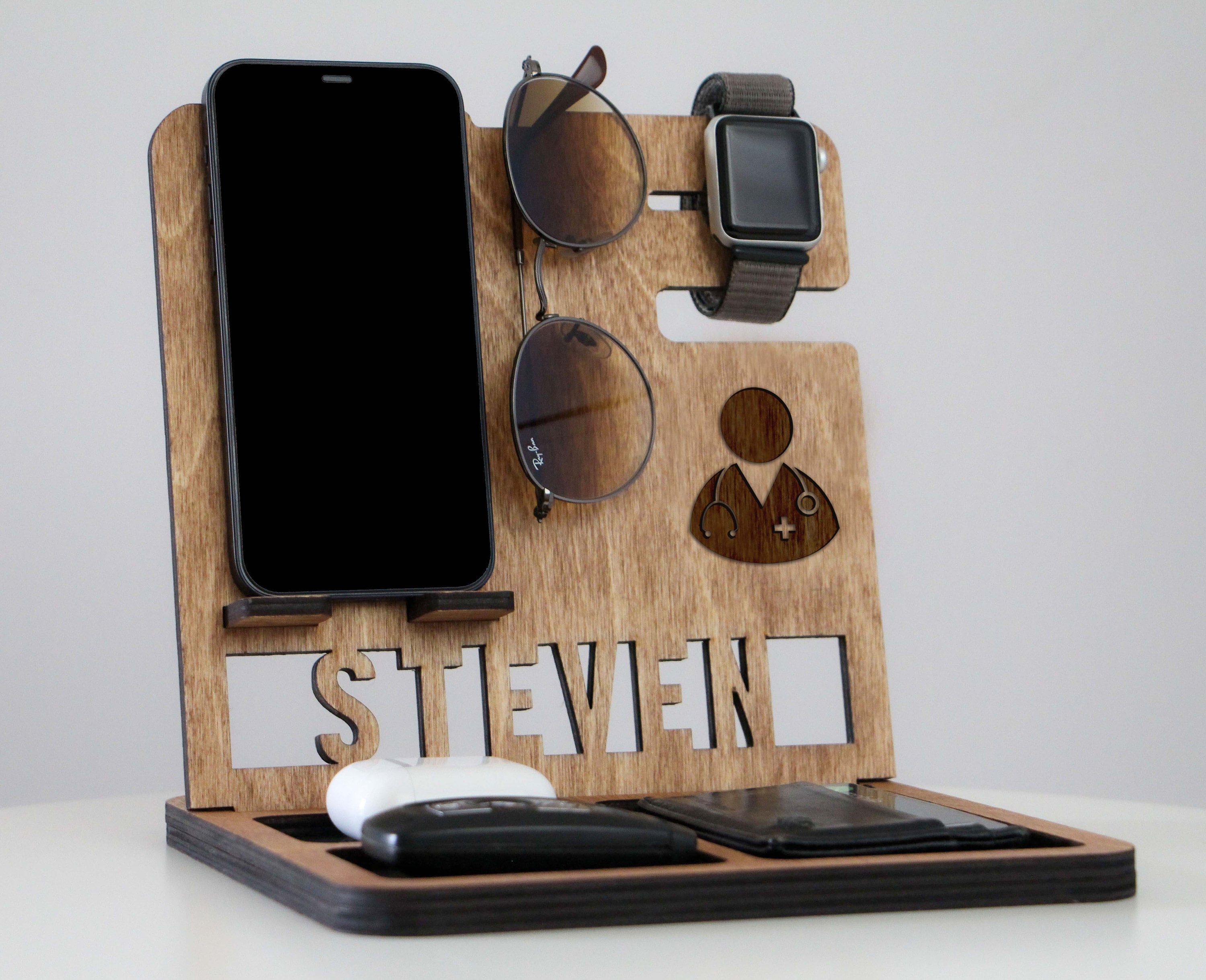 Personalized Doctor Gift: Wooden Docking Station, Desk Organizer