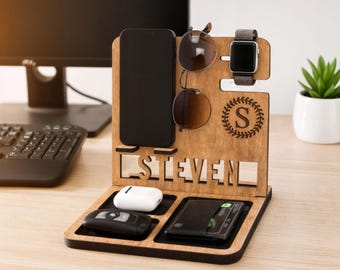 Personalized Wood Docking Station: Brother Gift, Engraved Desk Organizer