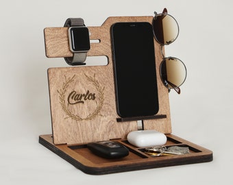 Personalisiertes Geschenk für Männer, Ladestation, Docking-Station für Männer, Schreibtisch Organizer Holz, Nachttisch Organizer, Geschenk für Ihn, Geschenk für Männer