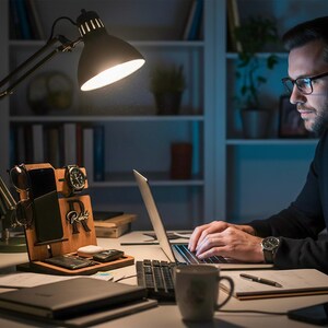 May include: A wooden desk organizer with compartments for a phone, watch, and sunglasses. The organizer has a charging pad and a personalized initial. A black desk lamp illuminates the desk, where a laptop, mug, and notebook are also present.