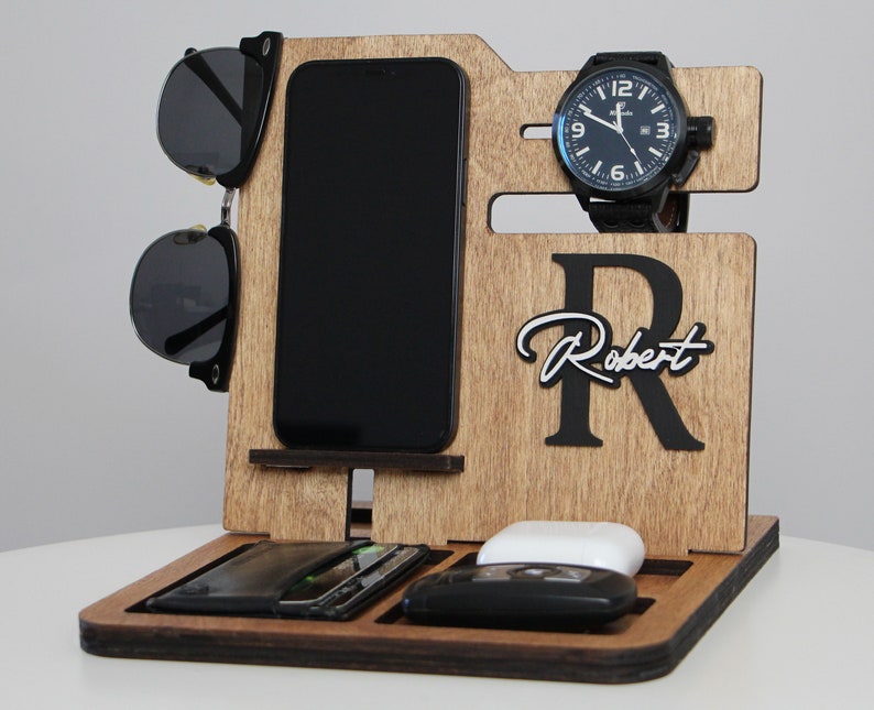 Personalized Docking Station Men, Unique Gift For Him, Phone Charging Station, Custom Phone Stand, Gift For Men, Gift For Him, Gift For Dad image 1