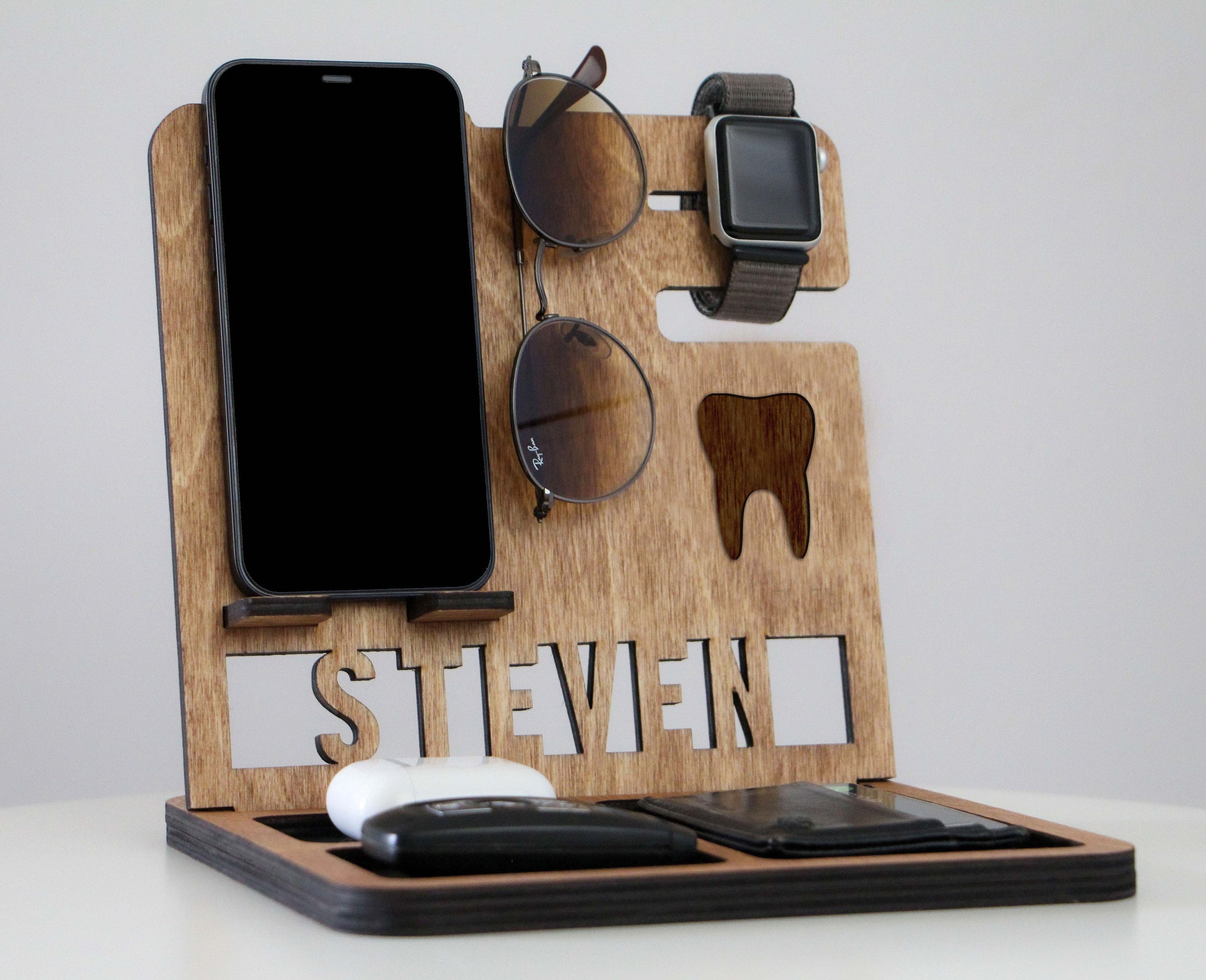 Personalized Dentist Gift: Birch Plywood Docking Station with Tooth Logo