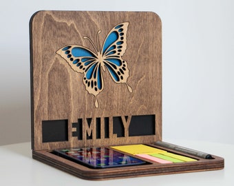 Personalized Wooden Book Holder: Butterfly Design, Reader Gift