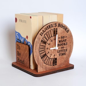 Personalized Book Stand with Clock: Laser Cut Birch Plywood, Book Lover Gift