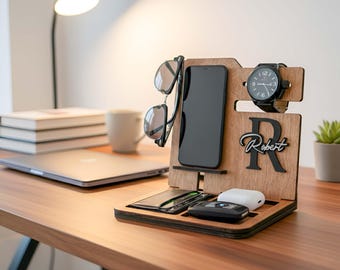 Engraved Wood Docking Station: Desk Organizer, Charging Station