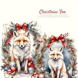 Clipart di volpe natalizia da scaricare istantaneamente in formato PNG, grafica per album di ritagli e biglietti d'auguri, decorazioni natalizie, articoli artistici per la fauna selvatica, lavori di carta, articoli per l'artigianato
