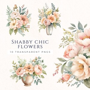 Conjunto de imágenes prediseñadas de flores Shabby Chic, imágenes florales de acuarela, gráficos PNG, flores rosas, imágenes prediseñadas de revistas basura, gráficos de álbumes de recortes