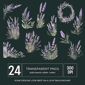 May include: Watercolor illustrations of lavender sprigs and arrangements in various forms, including a wreath. The image includes text that reads "24 TRANSPARENT PNGS" and "300 DPI". The designs are in shades of purple and green against a dark background.