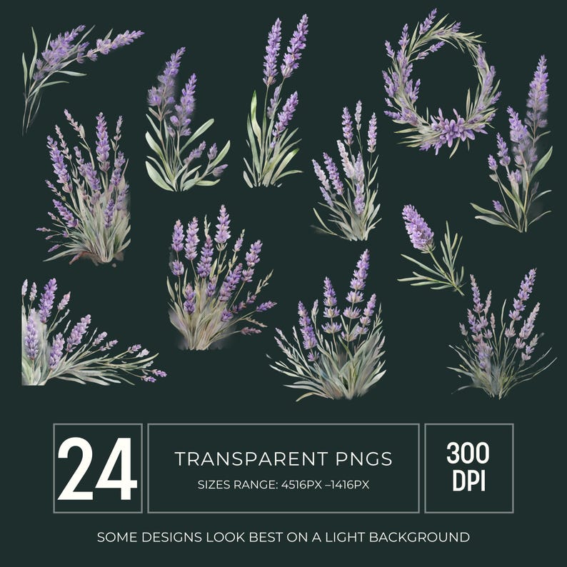 May include: Watercolor illustrations of lavender sprigs and arrangements in various forms, including a wreath. The image includes text that reads "24 TRANSPARENT PNGS" and "300 DPI". The designs are in shades of purple and green against a dark background.