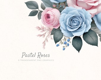 Soft Blue Pink Rose Clipart, Watercolor Bouquet PNG, Babyshower Invite, Gender Reveal, Roses Floral Art, Dusty Blue