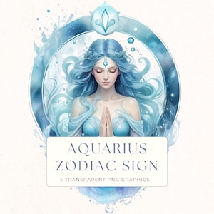 Clipart do signo do zodíaco de Aquário, Arte do zodíaco em aquarela, Gráfico PNG de Aquário, Decoração de cartão, Garota de Aquário, Clip Art de horóscopo, ZOD002
