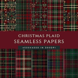 Op de afbeelding: Een collectie digitale naadloze papieren met diverse kerst-ruitpatronen in rood, groen en goud. De ontwerpen bevatten motieven van rendieren, hulst, strikken en dennenappels. De tekst luidt CHRISTMAS PLAID SEAMLESS PAPERS 4500X4500 IN 300DPI.