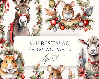 Christmas Farm Animals Clipart, PNG download, cute country animals, festive wreaths, instant digital download
