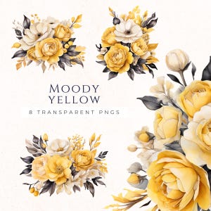 Clipart fleur jaune et blanc, clipart Bouquet printanier de mauvaise humeur, aquarelle floral PNG, Journal de scrapbooking, MOF007