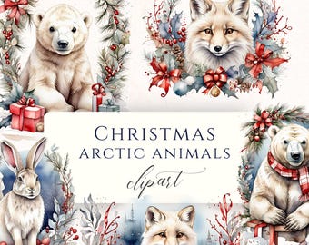 Cute Christmas Arctic Animal Illustrations, polar bear and fox art, winter greenery, holiday clipart pack, printable PNG files