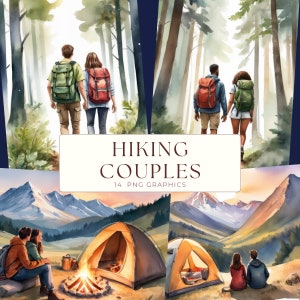 May include: A digital illustration of two couples hiking in a forest. The couples are wearing backpacks and walking on a path. The illustration is in a watercolor style and has a soft, romantic feel. The text "HIKING COUPLES 14 PNG GRAPHICS" is at the bottom of the image.