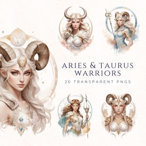Zodiac Signs Clipart, Aries and Taurus Warrior, Horoscope Clipart, Paper Crafting, Female Zodiac, Instant Download, ZOD014