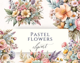 Vintage Pastel Flower Bouquet Watercolor Clipart PNG, Soft Floral Graphics for Scrapbooking, Junk Journals and Cardmaking