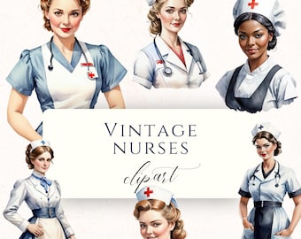 Imágenes prediseñadas de enfermeras retro en formato PNG, gráficos médicos vintage para regalos de enfermeras, álbumes de recortes y tarjetas.