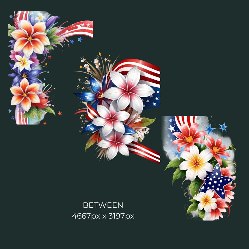 Red Blue White Flower Bouquet Clipart, 4th of July Independence Day ...