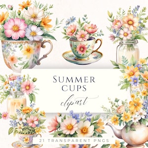Pode incluir: Clipart em aquarela com arranjos florais em xícaras de chá, bules e potes. A imagem inclui o texto "SUMMER CUPS clipart" e "21 TRANSPARENT PNGS". As flores são em tons de rosa, amarelo e laranja.