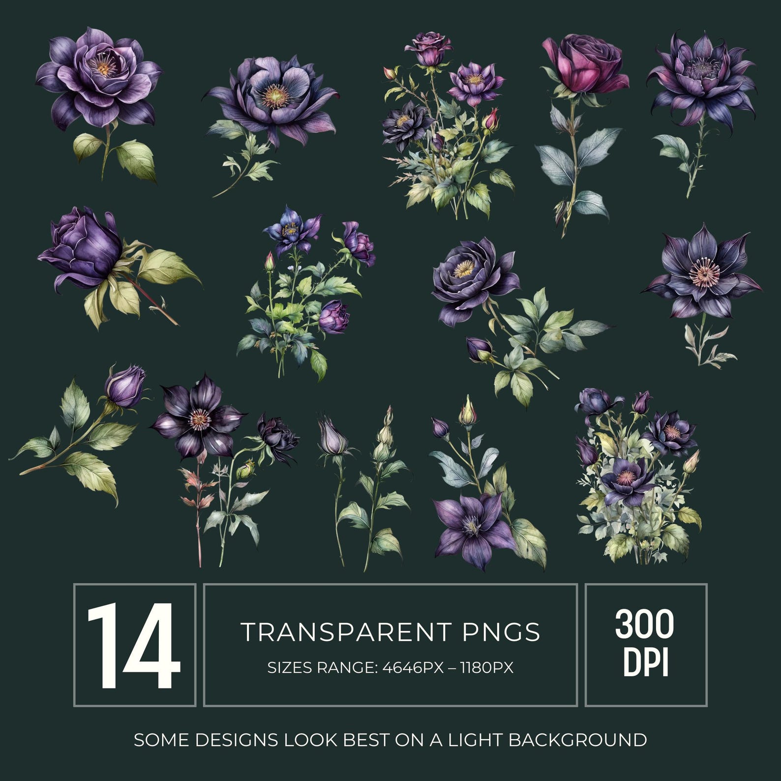 Dark Purple Gothic Flower Clipart PNG, Moody Floral Graphics for Junk ...
