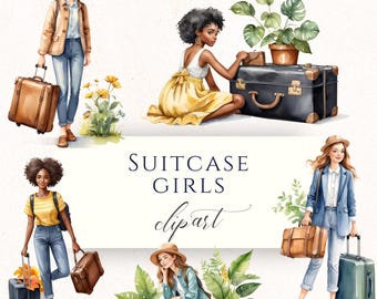 Girls with Suitcase Watercolor Clipart PNG, Travel Vacation Graphics for Scrapbooking, Cardmaking and Paper Crafting