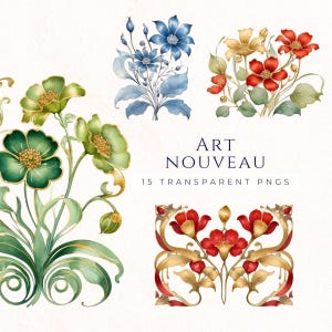 Art Nouveau Flower Design Clipart, Commercial Use, Watercolor Flowers Graphic, Vintage Retro Floral Patterns, ANO002