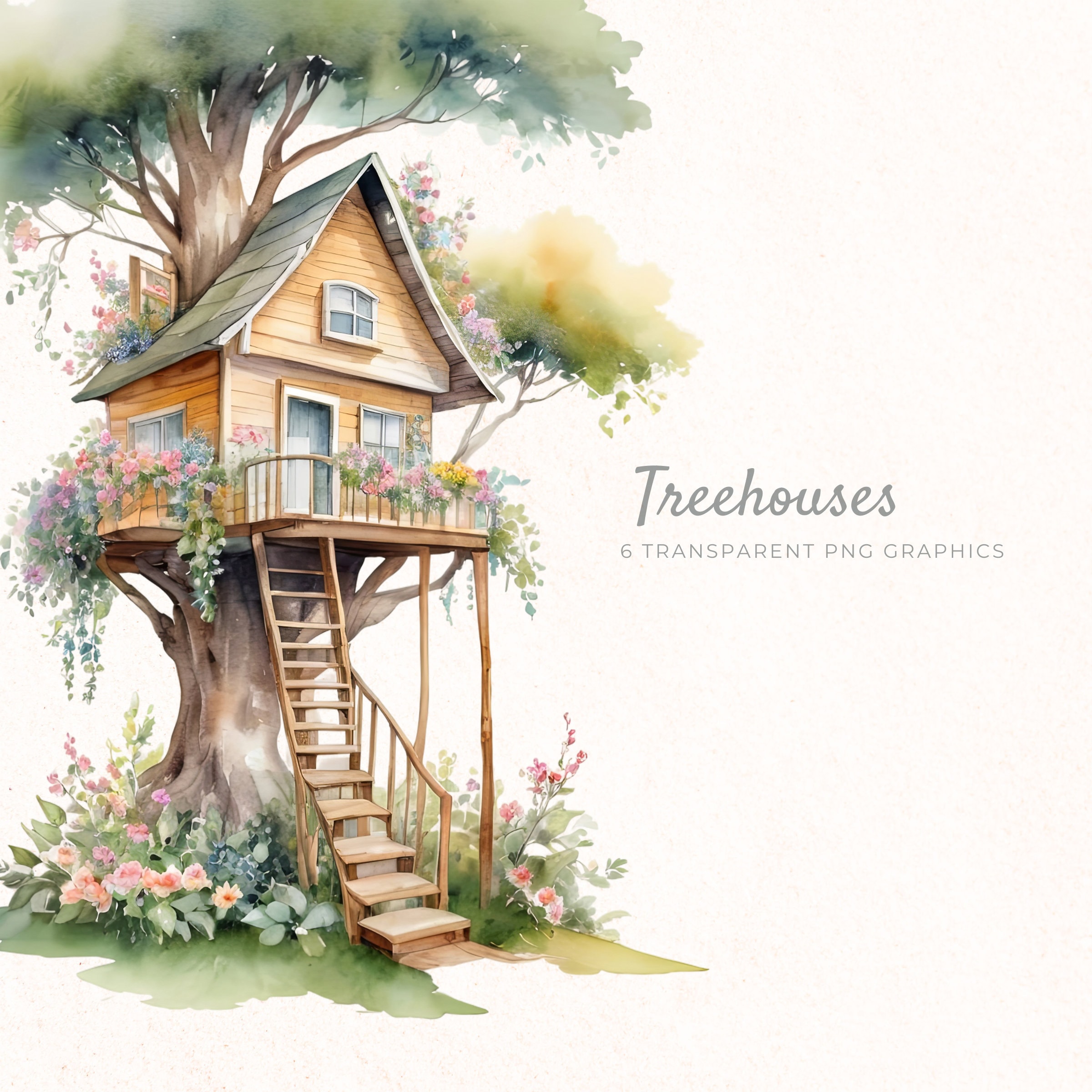 Watercolor Treehouse Clip Art, Instant Download PNG Set, Cute Treehouse ...