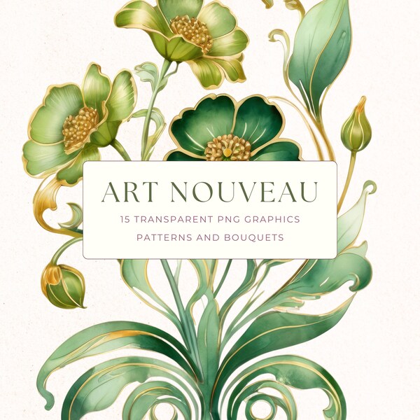 Art Nouveau Flower Design Clipart, Commercial Use, Watercolor Flowers Graphic, Vintage Retro Floral Patterns
