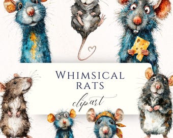 Funny Rat and Mouse Watercolor Clipart PNG, Whimsical Animal Graphics for Junk Journals, Scrapbooking and Cardmaking