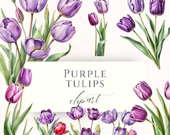 Purple Tulip Watercolor Clipart PNG, Spring Floral Graphics for Scrapbooking, Easter Cards and Paper Crafting, TUL002