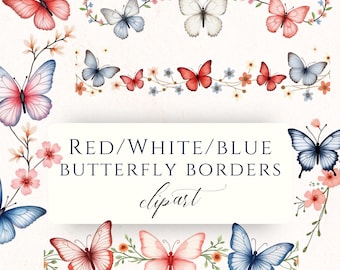 Guirnalda de mariposas Clipart PNG, Gráficos florales azules, rojos y blancos, Conjunto de acuarelas del 4 de julio
