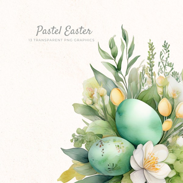 Minty Green Easter Clip Art, Floral Eggs Spring Clipart, Happy Easter, Instant Download, Pastel Flower Arrangements