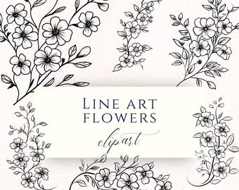 Black and White Lineart Flower Clipart PNG, Monoline Floral Graphics for Cardmaking, Scrapbooking and Paper Crafting
