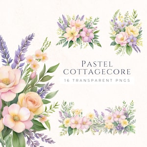 Conjunto de imágenes prediseñadas de ramo de Cottage Core, flores de acuarela de jardín en tonos pastel, gráficos de descarga digital, material para manualidades de papel, material efímero de diario basura