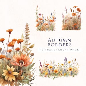 Imágenes prediseñadas de borde de prado otoñal, gráficos florales de acuarela, decoración de otoño PNG, decoración de álbumes de recortes, imágenes prediseñadas de Acción de Gracias
