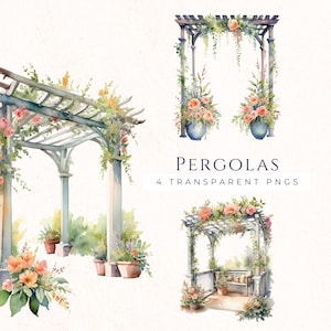 Imágenes prediseñadas de pérgola de jardín con acuarela, gráficos de cenador floral, PNG transparente, suministros para álbumes de recortes, uso comercial